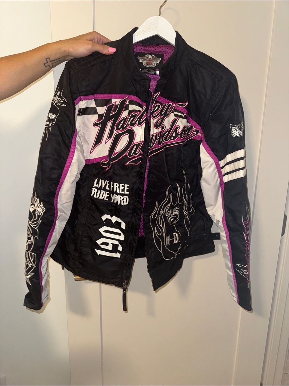 Harley-Davidson Black White and Pink Women's Moto Graphic Jacket